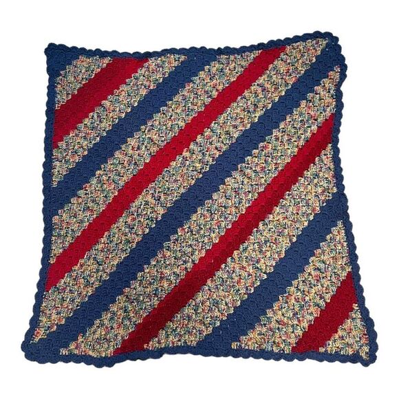 Handmade Crochet Striped Blanket Red Blue Tight Knit VTG Baby Chair Throw 34" - Picture 3 of 4
